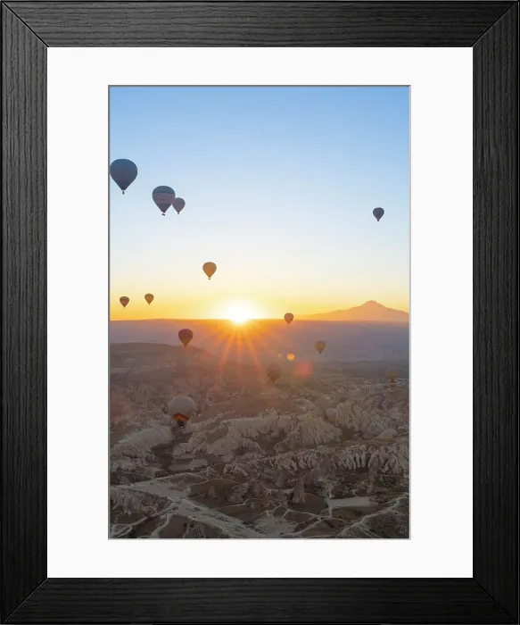 Framed Print : Aerial view of hot air balloons and Mount Erciyes at sunrise, Goreme, Goreme Historical National Park, Nevsehir District, Nevsehir Province, UNESCO, Cappadocia, Central Anatolia Region, Turkey Framed Print : Aerial view of hot air balloons and Mount Erciyes at sunrise, Goreme, Goreme Historical National Park, Nevsehir District, Nevsehir Province, UNESCO, Cappadocia, Central Anatolia Region, Turkey