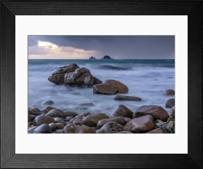Framed Print : The Brisons islands from the rocky shores of Porth Nanven in the Cot Valley, St Just, Cornwall, England. Autumn (November) 2023 Framed Print : The Brisons islands from the rocky shores of Porth Nanven in the Cot Valley, St Just, Cornwall, England. Autumn (November) 2023