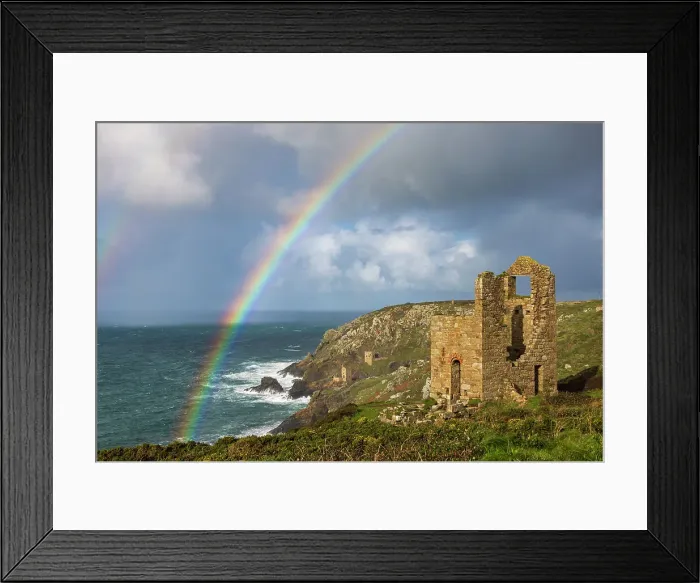 Framed Print : Rainbow over ruined tin mine engine houses near Botallack, Cornwall, England. Autumn (November) 2023 Framed Print : Rainbow over ruined tin mine engine houses near Botallack, Cornwall, England. Autumn (November) 2023