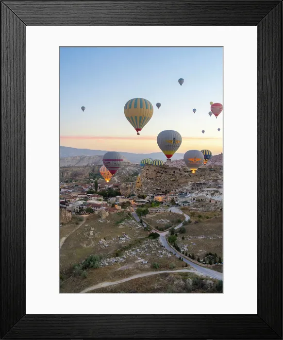 Framed Print : Aerial view of Cavusin and hot air balloons at dawn, Avanos District, Nevsehir Province, Cappadocia, Central Anatolia Region, Turkey