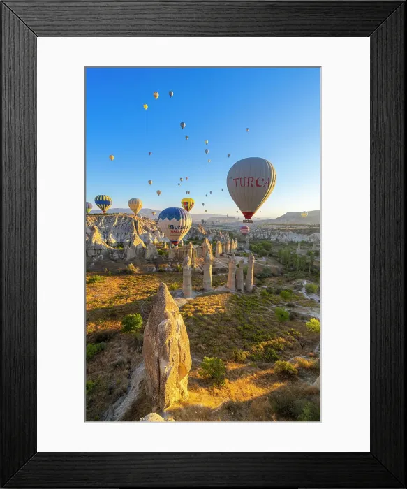 Framed Print : Rock formations in Love Valley and hot air balloons at sunrise, Goreme, Goreme Historical National Park, Nevsehir District, Nevsehir Province, UNESCO, Cappadocia, Central Anatolia Region, Turkey