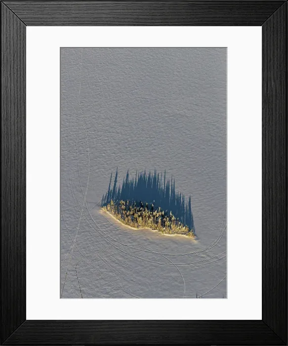 Framed Print : Aerial of island in frozen lake, Kuusamo, Finland Framed Print : Aerial of island in frozen lake, Kuusamo, Finland