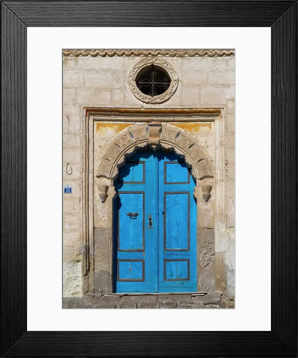 Framed Print : Blue door of house, Mustafapasa, Urgup District, Nevsehir Province, Cappadocia, Central Anatolia Region, Turkey