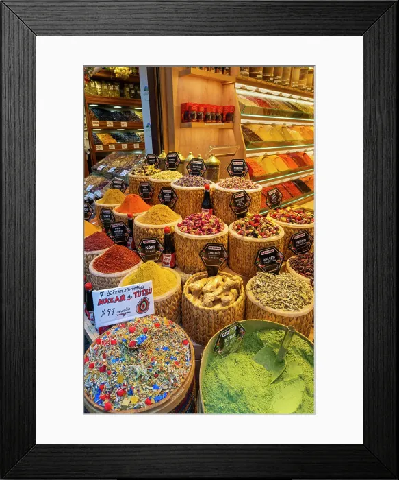 Framed Print : Assorted spices and teas on display in store, Egyptian Bazaar (Spice Bazaar), Eminonu, Fatih District, Istanbul Province, Turkey