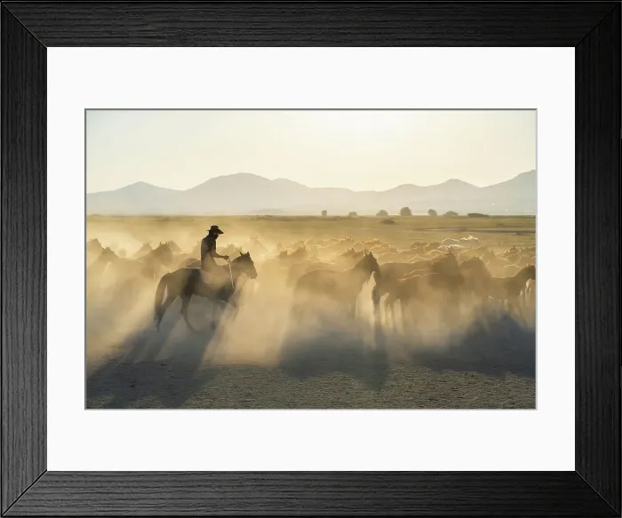 Framed Print : Cowboy herding a herd of Yilki horses sunset, Hurmetci, Hacilar District, Kayseri Province, Cappadocia, Central Anatolia Region, Turkey