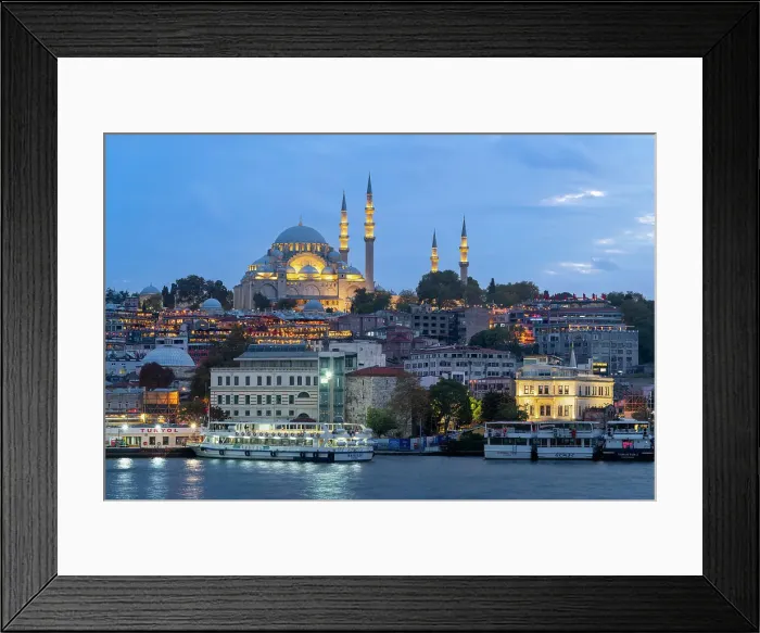 Framed Print : Suleymaniye Mosque and boats on Golden Horn at twilight, UNESCO, Fatih District, Istanbul Province, Turkey Framed Print : Suleymaniye Mosque and boats on Golden Horn at twilight, UNESCO, Fatih District, Istanbul Province, Turkey