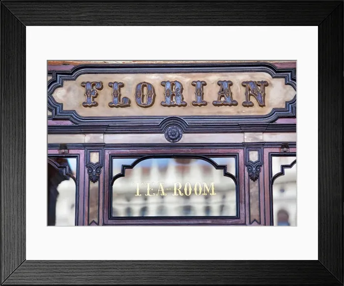 Framed Print : A detail over the exterior facade of the historical Florian Cafe in St. Marks square, Venice, Veneto, Italy, Europe. It was established in 1720, and is one of the oldest coffee houses in the world