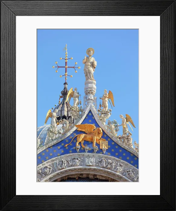 Framed Print : A detail of the St Mark's Basilica church gable showing Venice patron Apostle St. Mark with the angels, Saint Mark square, Venice, Veneto, Italy, Europe