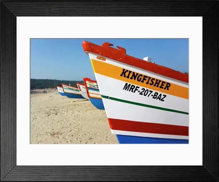 Framed Print : Colorful wooden fishing boats in a beach of Goa, West India Framed Print : Colorful wooden fishing boats in a beach of Goa, West India
