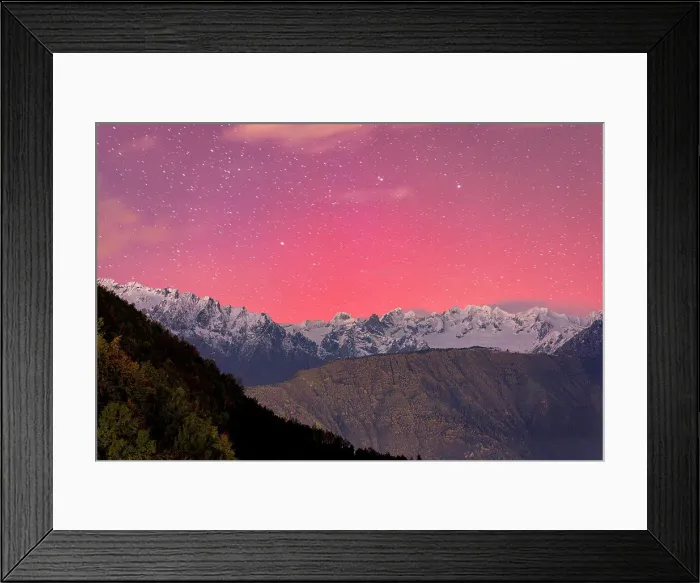 Framed Print : Romantic pink and purple night sky during the Aurora Borealis over the Italian Alps, Val Masino, Valtellina, Lombardy, Italy