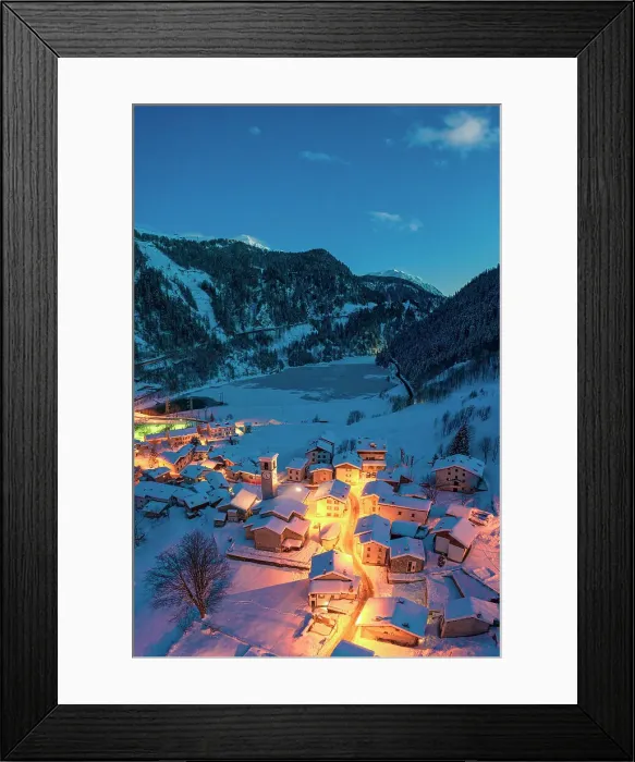 Framed Print : Fairy tale alpine village covered with snow at blue hour, aerial view, Isola, Madesimo, Valle Spluga, Valtellina, Lombardy, Italy Framed Print : Fairy tale alpine village covered with snow at blue hour, aerial view, Isola, Madesimo, Valle Spluga, Valtellina, Lombardy, Italy