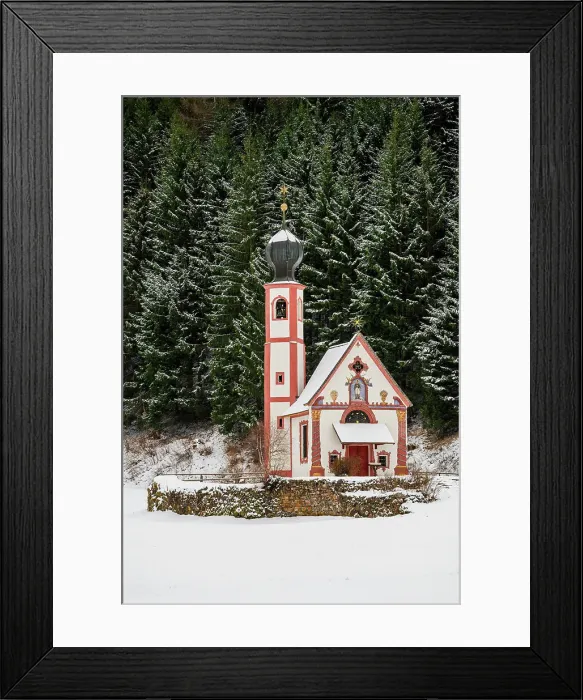 Framed Print : Winter view of Church of St. Johann in Ranui, Dolomites, Villnoss-Funes, South Tyrol, Italy Framed Print : Winter view of Church of St. Johann in Ranui, Dolomites, Villnoss-Funes, South Tyrol, Italy