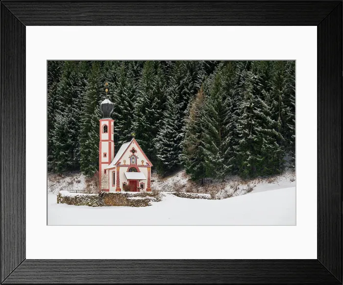 Framed Print : Winter view of Church of St. Johann in Ranui, Dolomites, Villnoss-Funes, South Tyrol, Italy Framed Print : Winter view of Church of St. Johann in Ranui, Dolomites, Villnoss-Funes, South Tyrol, Italy