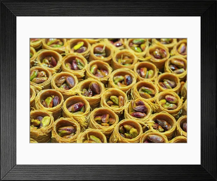 Framed Print : Detail of round traditional Turkish dessert baklava with pistachio nuts, Egyptian Bazaar (Spice Bazaar), Eminonu, Fatih District, Istanbul Province, Turkey Framed Print : Detail of round traditional Turkish dessert baklava with pistachio nuts, Egyptian Bazaar (Spice Bazaar), Eminonu, Fatih District, Istanbul Province, Turkey