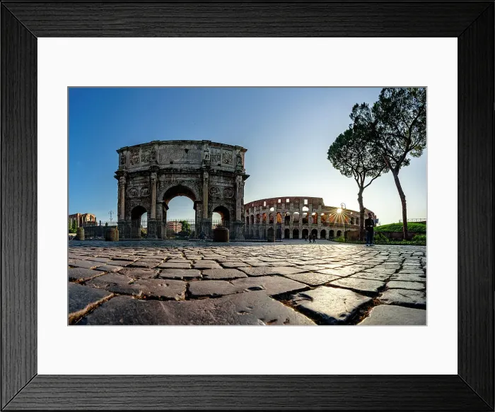 Framed Print : Panoramic of Coliseum and Arch of Constantine lit by sun rays at dawn, Rome, Italy Framed Print : Panoramic of Coliseum and Arch of Constantine lit by sun rays at dawn, Rome, Italy