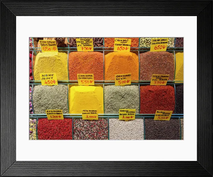 Framed Print : Different spices on display in store, Egyptian Bazaar (Spice Bazaar), Eminonu, Fatih District, Istanbul Province, Turkey