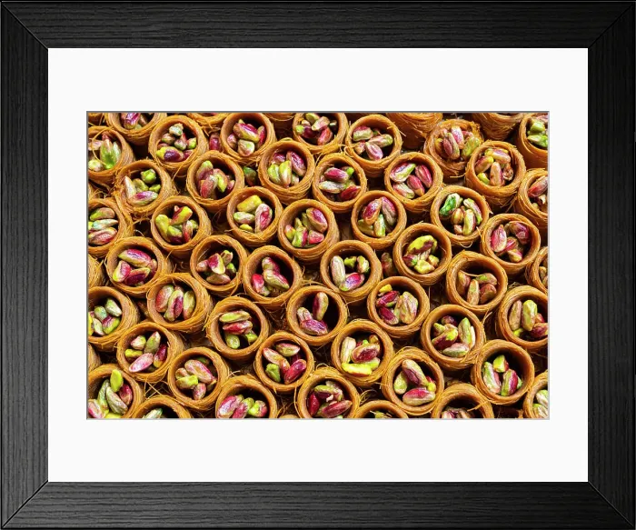Framed Print : Detail of round traditional Turkish dessert baklava with pistachio nuts, Egyptian Bazaar (Spice Bazaar), Eminonu, Fatih District, Istanbul Province, Turkey Framed Print : Detail of round traditional Turkish dessert baklava with pistachio nuts, Egyptian Bazaar (Spice Bazaar), Eminonu, Fatih District, Istanbul Province, Turkey