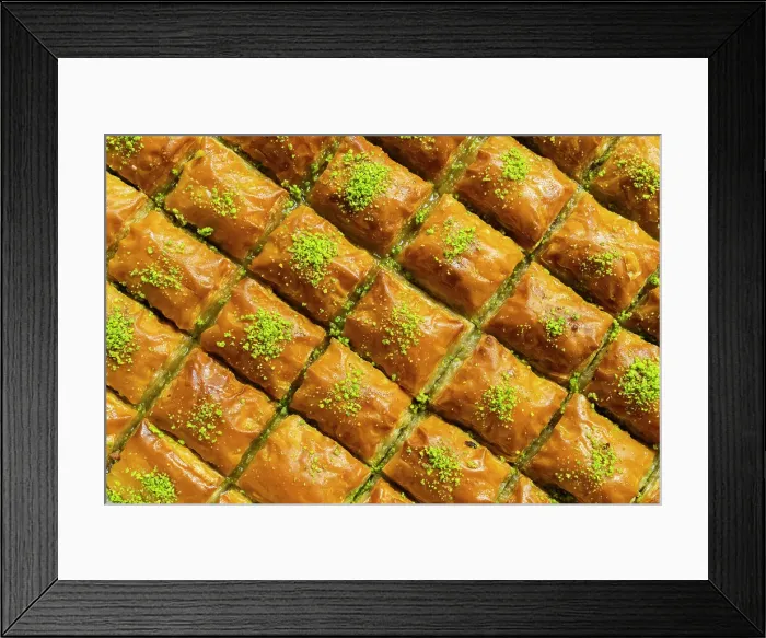 Framed Print : Detail of traditional Turkish dessert baklava, Egyptian Bazaar (Spice Bazaar), Eminonu, Fatih District, Istanbul Province, Turkey