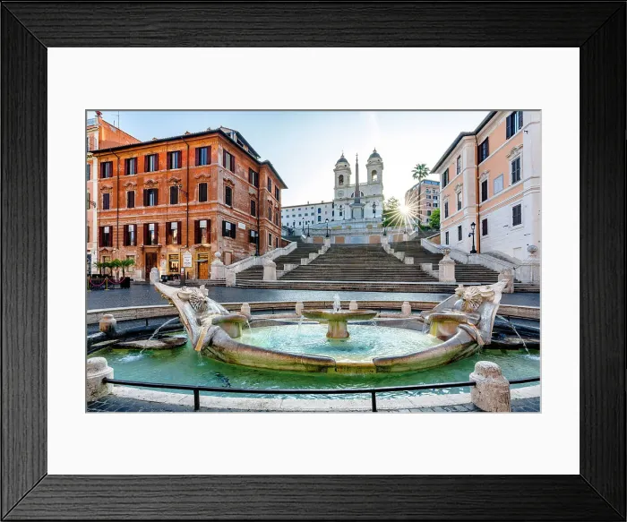 Framed Print : Sun rays at dawn over Piazza Di Spagna and Fontana Della Barcaccia, Rome, Italy Framed Print : Sun rays at dawn over Piazza Di Spagna and Fontana Della Barcaccia, Rome, Italy