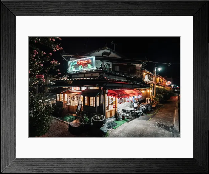 Framed Print : Typical Japanese inn restaurant with neon lights at night, Kyoto district, Japan Framed Print : Typical Japanese inn restaurant with neon lights at night, Kyoto district, Japan