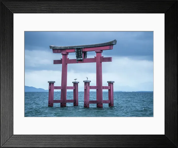 Framed Print : Torii of Shirahige Shrine with birds on a cloudy day, Japan, Takashima, Shiga