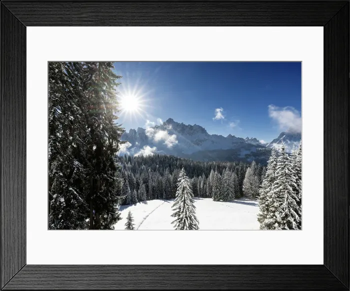 Framed Print : Croda Rossa group from the forest of Biotopo Monte Covolo after a snowfall. Sesto  /  Sexten, Bolzano province, South Tyrol, Italy Europe