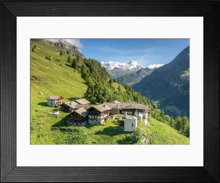 Framed Print : Aerial view of Alpenzu Grande village with view on Monte Rosa group. Gressoney, Lys valley(Valle del Lys), Aosta province, Aosta valley, Italy Framed Print : Aerial view of Alpenzu Grande village with view on Monte Rosa group. Gressoney, Lys valley(Valle del Lys), Aosta province, Aosta valley, Italy