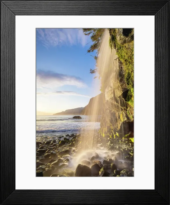 Framed Print : A waterfall in Seixal black sand beach during sunrise, Seixal, Porto Moniz, Madeira, Portugal Framed Print : A waterfall in Seixal black sand beach during sunrise, Seixal, Porto Moniz, Madeira, Portugal