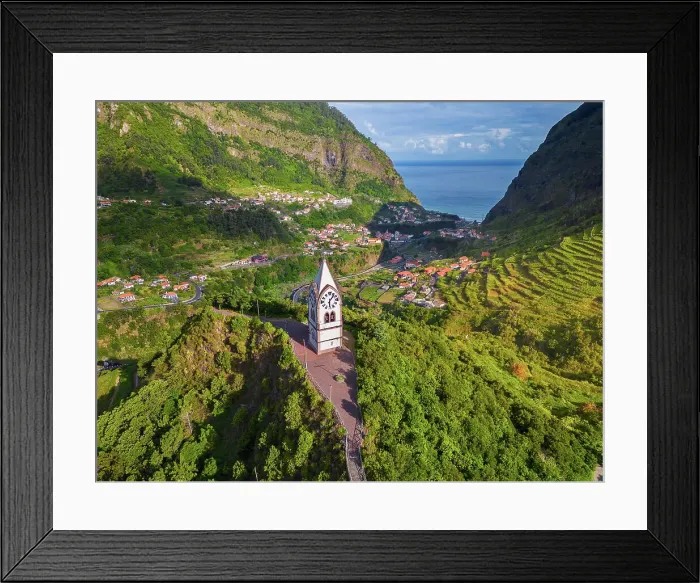 Framed Print : Aerial view of Capelinha de Nossa Senhora de Fatima surrounded by terraced fields at sunrise, Sao Vicente, Madeira, Portugal Framed Print : Aerial view of Capelinha de Nossa Senhora de Fatima surrounded by terraced fields at sunrise, Sao Vicente, Madeira, Portugal