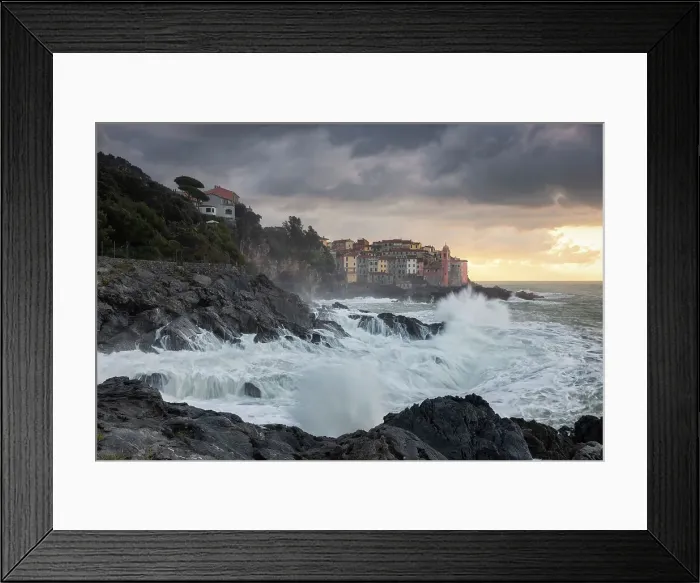 Framed Print : Rough sea at sunrise on the cliff of Tellaro, municipality of Lerici, La Spezia province, Liguria district, Italy