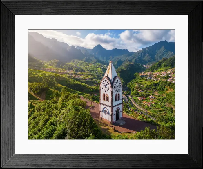 Framed Print : Aerial view of Capelinha de Nossa Senhora de Fatima surrounded by terraced fields at sunrise, Sao Vicente, Madeira, Portugal Framed Print : Aerial view of Capelinha de Nossa Senhora de Fatima surrounded by terraced fields at sunrise, Sao Vicente, Madeira, Portugal