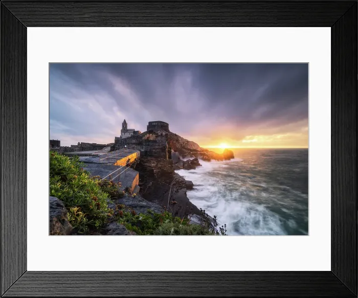 Framed Print : Sunset on the San Pietro Church from the terrace of the mills, municipality of Portovenere, La Spezia province, Liguria, Italy Framed Print : Sunset on the San Pietro Church from the terrace of the mills, municipality of Portovenere, La Spezia province, Liguria, Italy