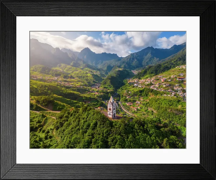 Framed Print : Aerial view of Capelinha de Nossa Senhora de Fatima surrounded by terraced fields at sunrise, Sao Vicente, Madeira, Portugal Framed Print : Aerial view of Capelinha de Nossa Senhora de Fatima surrounded by terraced fields at sunrise, Sao Vicente, Madeira, Portugal