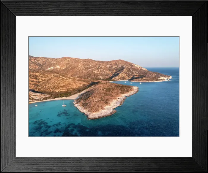 Framed Print : Aerial view of Ano and Kato Myrsini Bay in Polyaigos Island, near Milos and Kimolos Island (Cyclades Islands, Greece) Framed Print : Aerial view of Ano and Kato Myrsini Bay in Polyaigos Island, near Milos and Kimolos Island (Cyclades Islands, Greece)