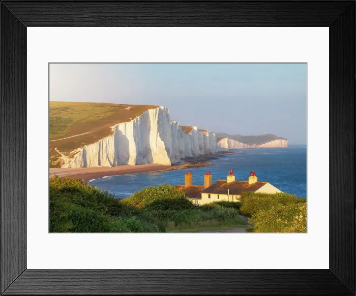 Framed Print : Seven Sisters and Coastguard Cottages at sunset, Sussex, England, United Kingdom