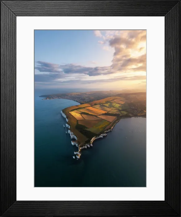 Framed Print : Aerial view of Old Harry Rocks at sunset during summer, Handfast Point, Purbeck isle, Dorset, England, United Kingdom Framed Print : Aerial view of Old Harry Rocks at sunset during summer, Handfast Point, Purbeck isle, Dorset, England, United Kingdom