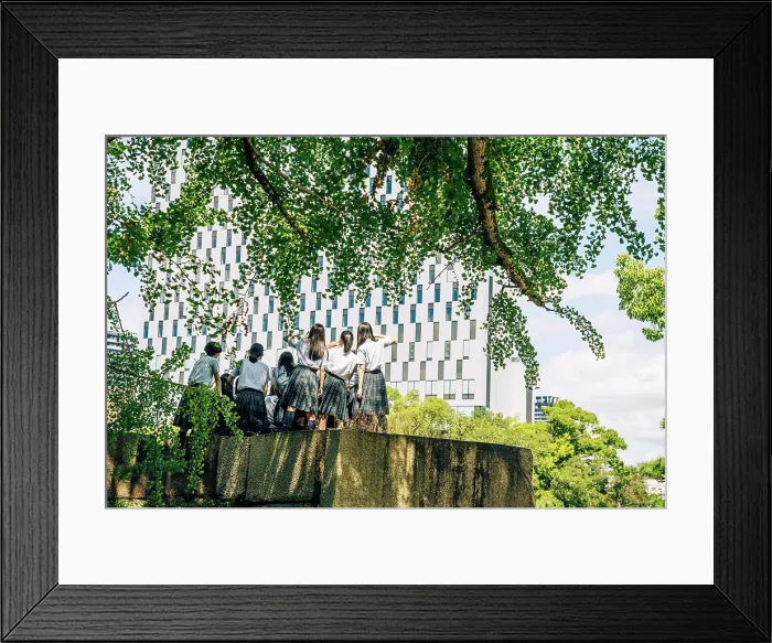 Framed Print : Schoolgirls from behind posing for a photo in Osaka, Japan Framed Print : Schoolgirls from behind posing for a photo in Osaka, Japan