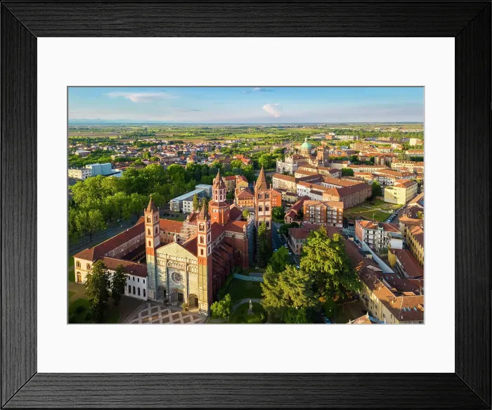 Framed Print : Aerial view of the Sant'Andrea Basilica of Vercelli at sunset in spring. Vercelli, Vercelli district, Piedmont, Italy