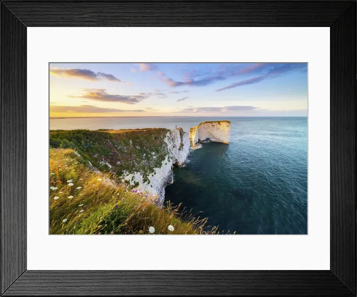 Framed Print : A tourist observes sunset at Old Harry Rocks during summer, Handfast Point, Purbeck isle, Dorset, England, United Kingdom (MR) Framed Print : A tourist observes sunset at Old Harry Rocks during summer, Handfast Point, Purbeck isle, Dorset, England, United Kingdom (MR)