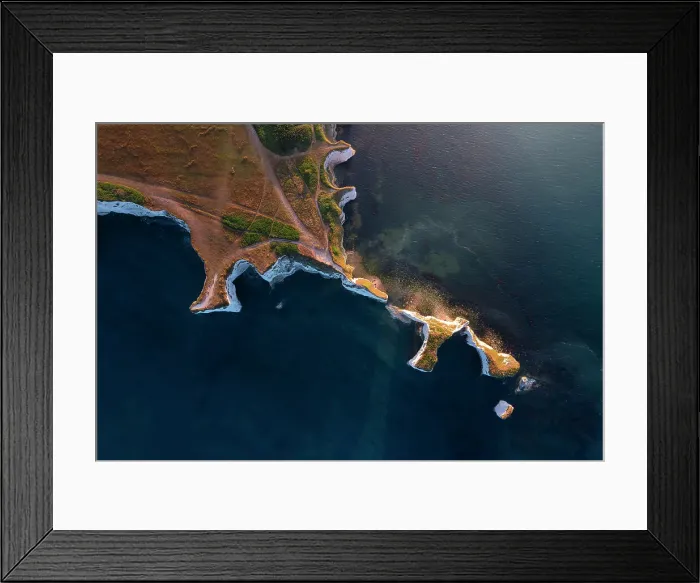 Framed Print : Aerial view of Old Harry Rocks at sunset during summer, Handfast Point, Purbeck isle, Dorset, England, United Kingdom Framed Print : Aerial view of Old Harry Rocks at sunset during summer, Handfast Point, Purbeck isle, Dorset, England, United Kingdom