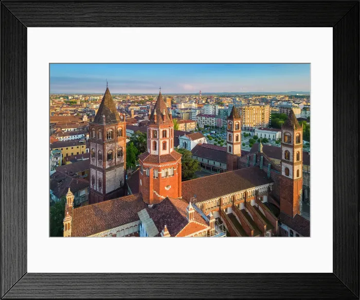 Framed Print : Aerial view of the Sant'Andrea Basilica of Vercelli at sunset in spring. Vercelli, Vercelli district, Piedmont, Italy