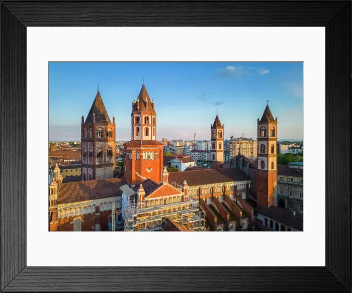 Framed Print : Aerial view of the Sant'Andrea Basilica of Vercelli at sunset in spring. Vercelli, Vercelli district, Piedmont, Italy