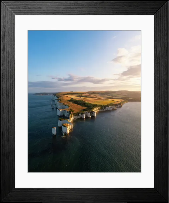 Framed Print : Aerial view of Old Harry Rocks at sunset during summer, Handfast Point, Purbeck isle, Dorset, England, United Kingdom Framed Print : Aerial view of Old Harry Rocks at sunset during summer, Handfast Point, Purbeck isle, Dorset, England, United Kingdom