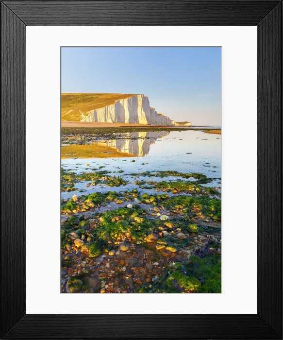 Framed Print : Seven Sisters reflected on Cuckmere Haven beach at sunset, Sussex, England, United Kingdom Framed Print : Seven Sisters reflected on Cuckmere Haven beach at sunset, Sussex, England, United Kingdom