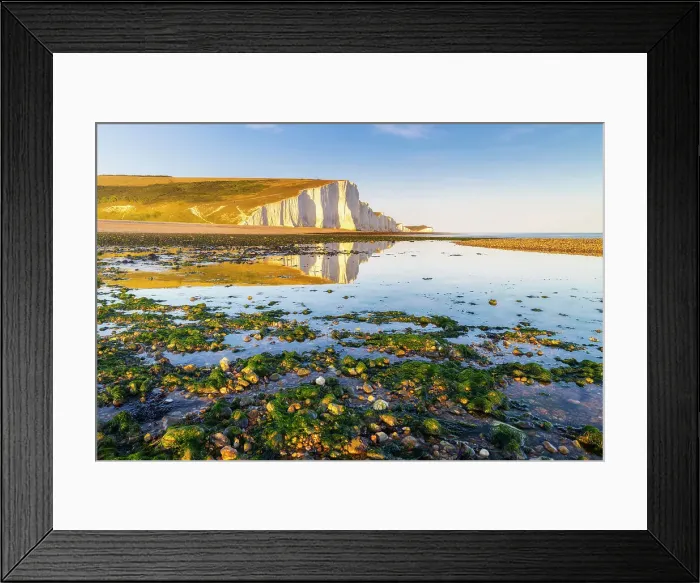 Framed Print : Seven Sisters reflected on Cuckmere Haven beach at sunset, Sussex, England, United Kingdom Framed Print : Seven Sisters reflected on Cuckmere Haven beach at sunset, Sussex, England, United Kingdom
