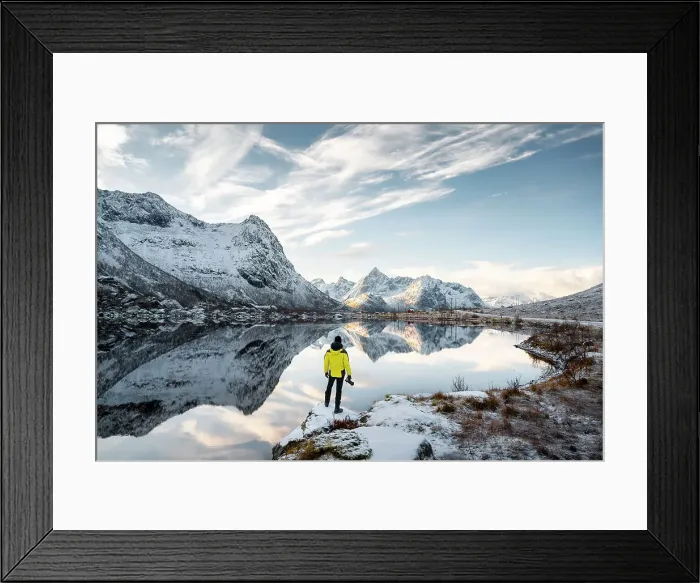 Framed Print : A photographer observes reflections of mountains in Storvatnet near Vareid, Flakstad, Moskenesoya, Nordland, Lofoten Islands, Norway (MR) Framed Print : A photographer observes reflections of mountains in Storvatnet near Vareid, Flakstad, Moskenesoya, Nordland, Lofoten Islands, Norway (MR)