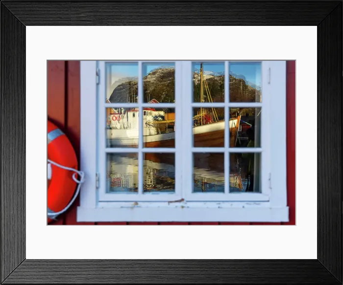 Framed Print : Reflections in a window of a Rorbu in Nusfjord, Flakstad, Flakstadoya, Nordland, Lofoten Islands, Norway Framed Print : Reflections in a window of a Rorbu in Nusfjord, Flakstad, Flakstadoya, Nordland, Lofoten Islands, Norway