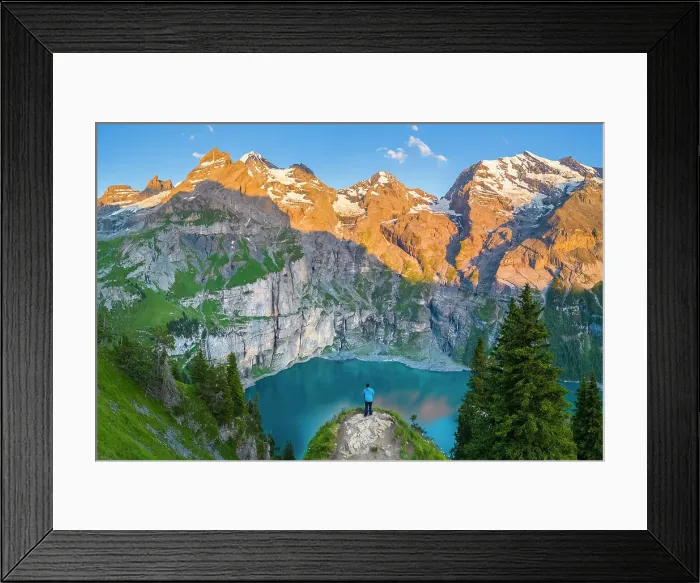 Framed Print : Aerial view of the sunset on the mountains surrounding Oeschinensee. Kandersteg, Bernese Oberland, Frutigen-Niedersimmental administrative district, Canton of Bern, Switzerland