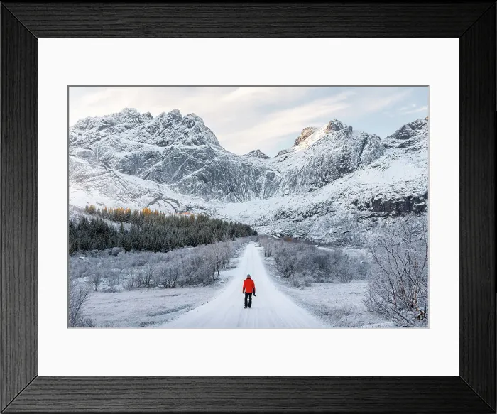 Framed Print : A photographer walks along the road to Nusfjord, Flakstad, Flakstadoya, Nordland, Lofoten Islands, Norway (MR) Framed Print : A photographer walks along the road to Nusfjord, Flakstad, Flakstadoya, Nordland, Lofoten Islands, Norway (MR)