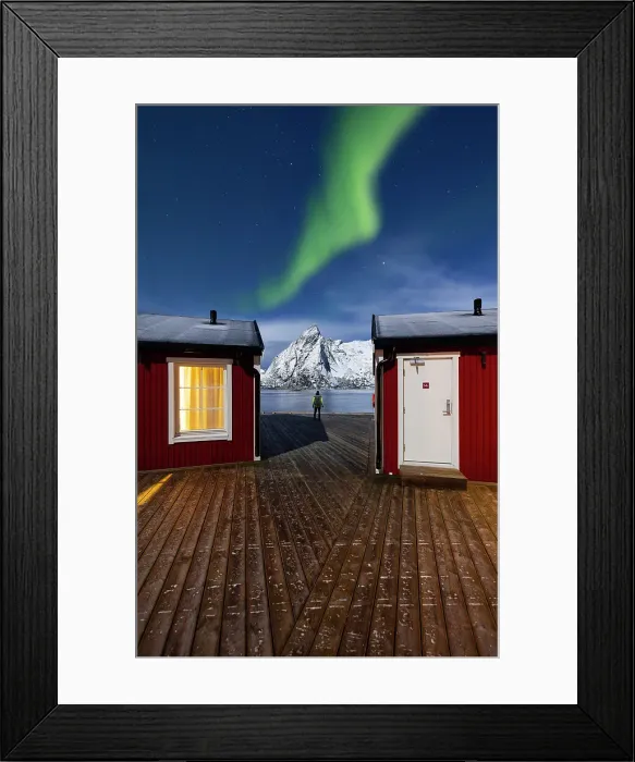 Framed Print : Northern Lights at Hamnoy rorbuer in front of Olstinden mountain, Hamanoy, Vestfjorden, Nordland, Lofoten Islands, Norway (MR) Framed Print : Northern Lights at Hamnoy rorbuer in front of Olstinden mountain, Hamanoy, Vestfjorden, Nordland, Lofoten Islands, Norway (MR)
